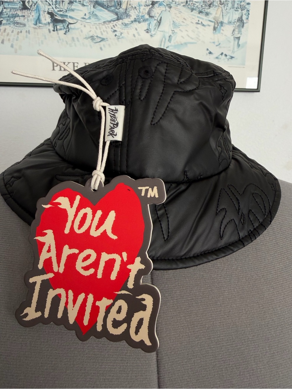 Hyde Park - Black Quilted Bucket Hat with 'You Aren't Invited' Tag